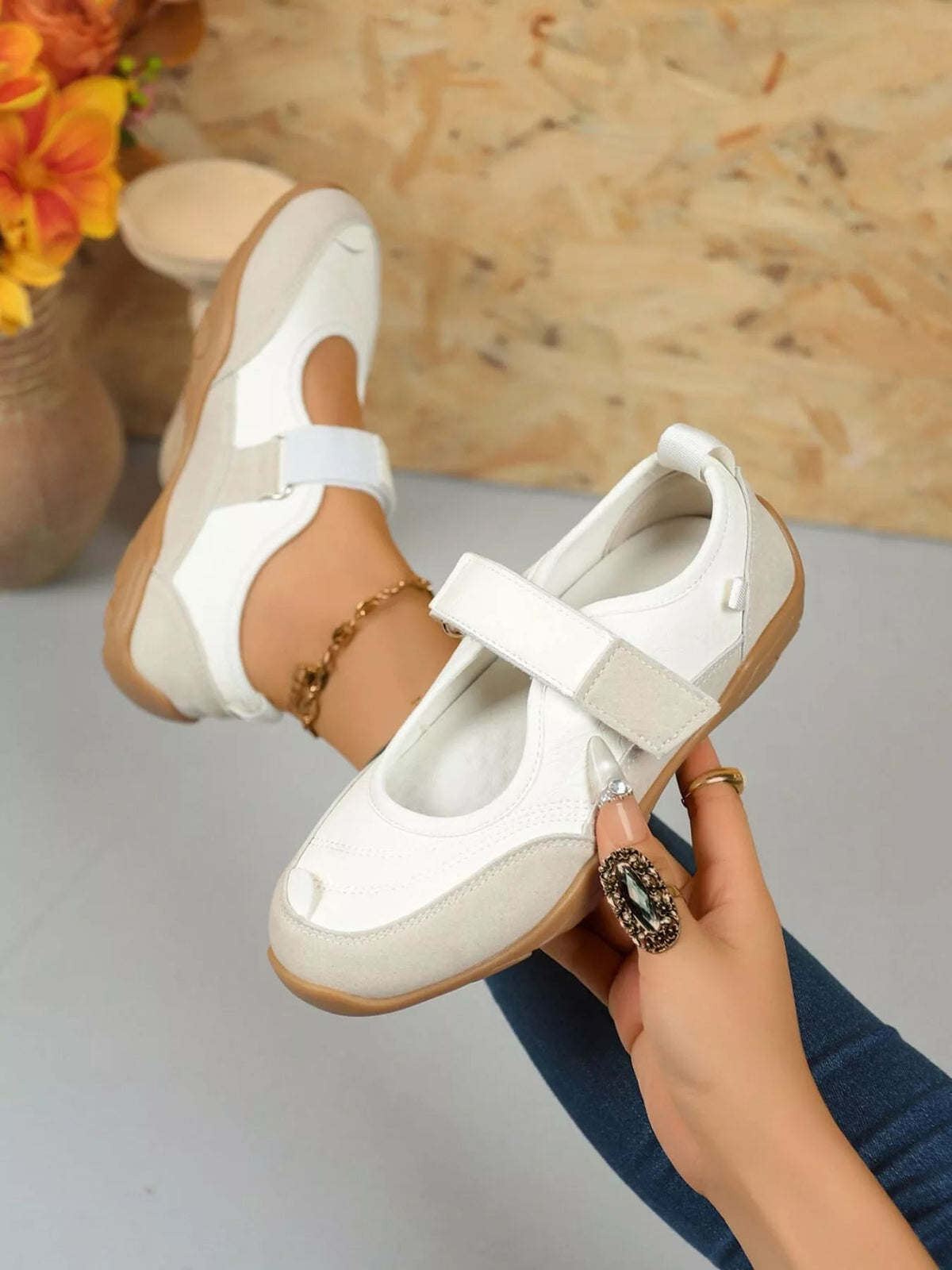 Women’s faux leather and suede round toe loafers with Velcro straps by Plush Fashion Hub, showcasing stylish and comfortable shoe design.