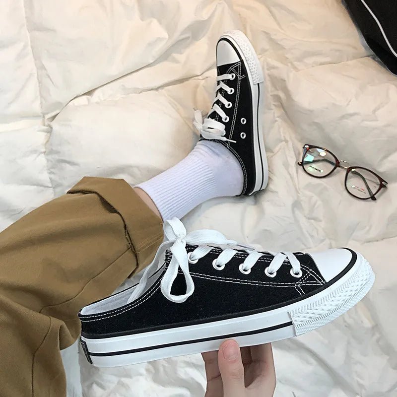 Women's round toe lace-up canvas sneakers by Plush Fashion Hub, lightweight casual flat shoes with a stylish, comfortable design.