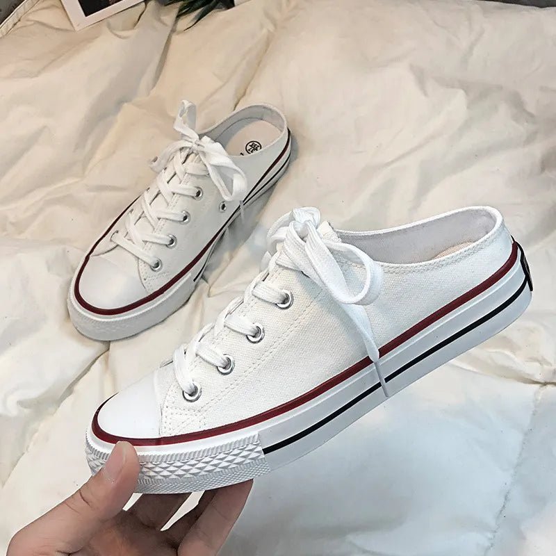 Women's round toe lace-up canvas sneakers by Plush Fashion Hub, lightweight casual flat shoes with white soles and classic design.