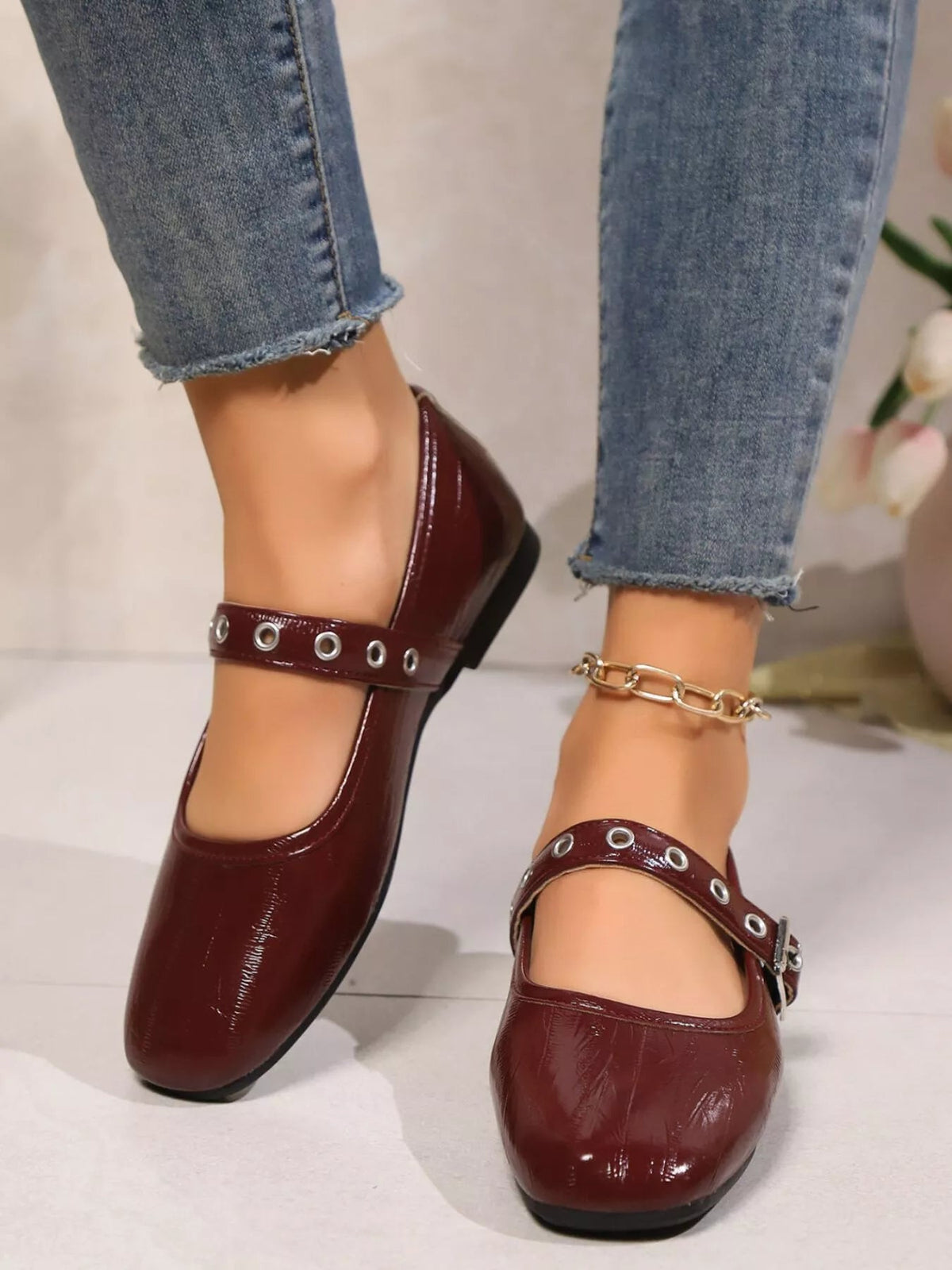 Classic round toe Mary Jane loafers in premium PU leather with a sleek design, stylishly displayed on a neutral background.