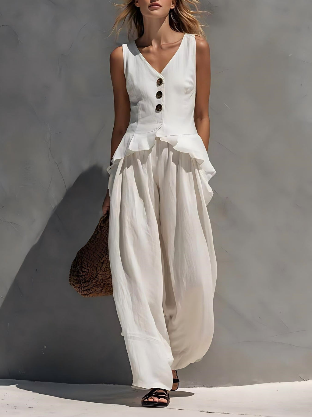 FitiqueFit ruffled tank top and draping wide-leg pants set in six colors, casualwear for sizes S to 3XL.