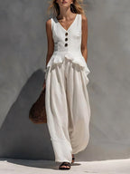 FitiqueFit ruffled tank top and draping wide-leg pants set in six colors, casualwear for sizes S to 3XL.