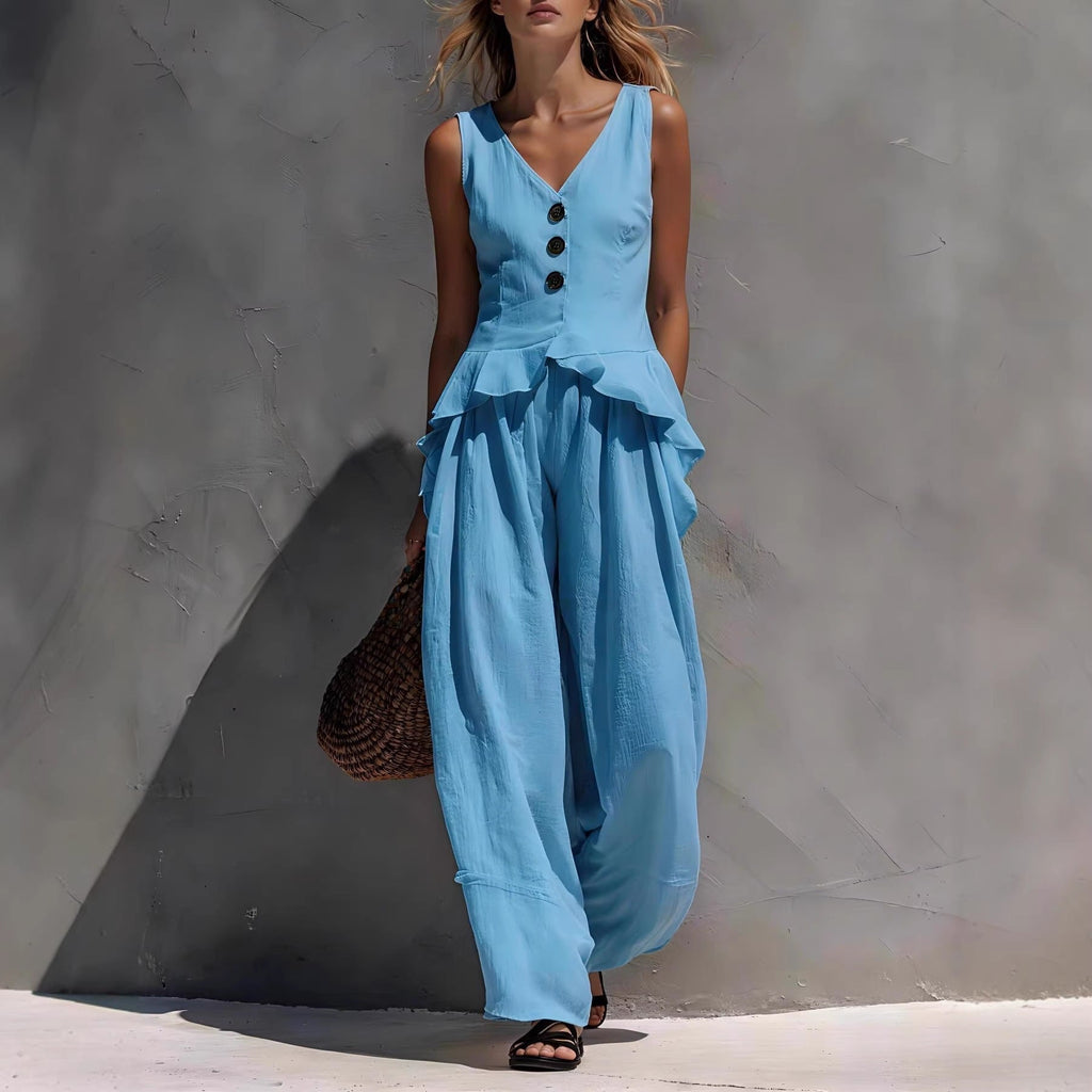 FitiqueFit ruffled tank top and draping wide-leg pants set in six colors, casualwear for women, available in sizes S to 3XL.