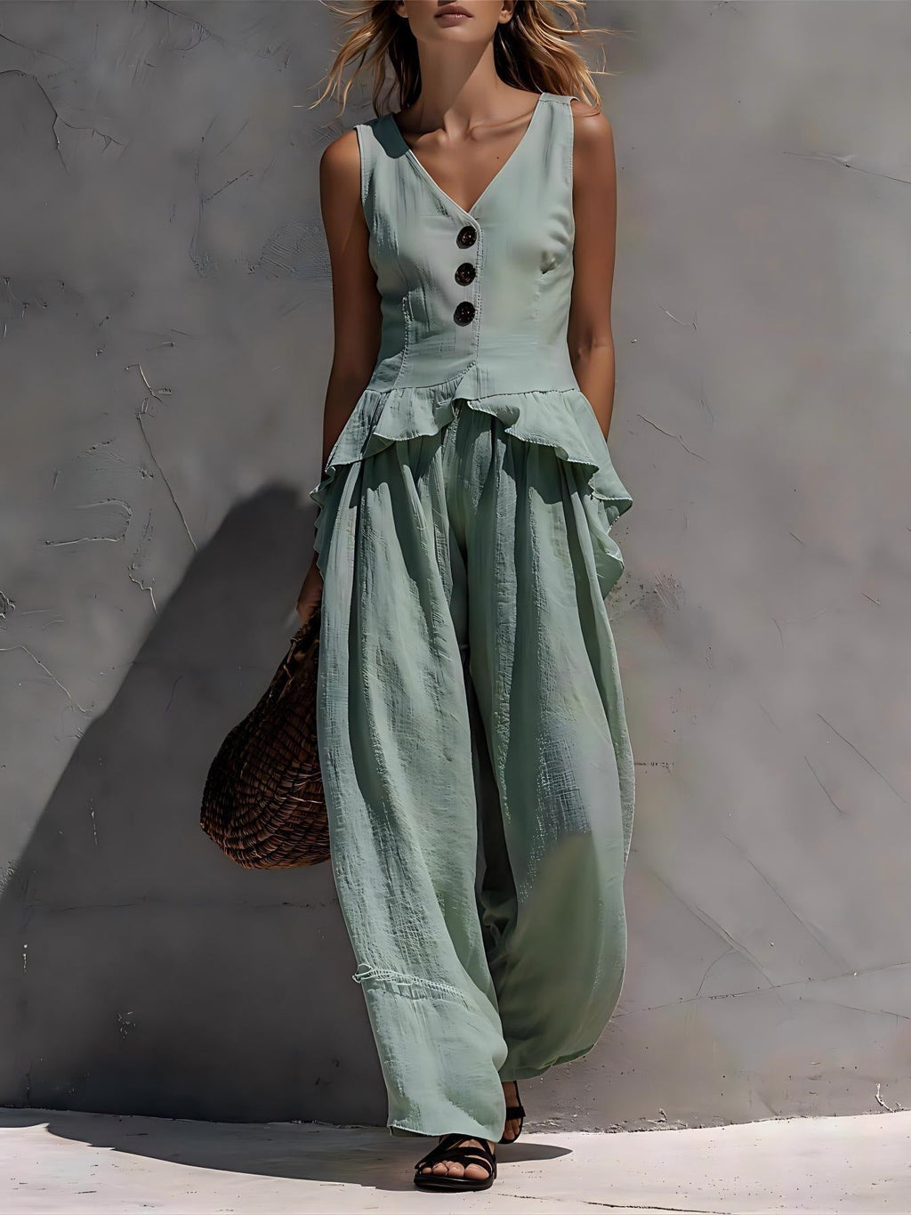 FitiqueFit ruffled tank top and draping wide-leg pants set in 6 colors, size S–3XL, casualwear outfit with stylish details.