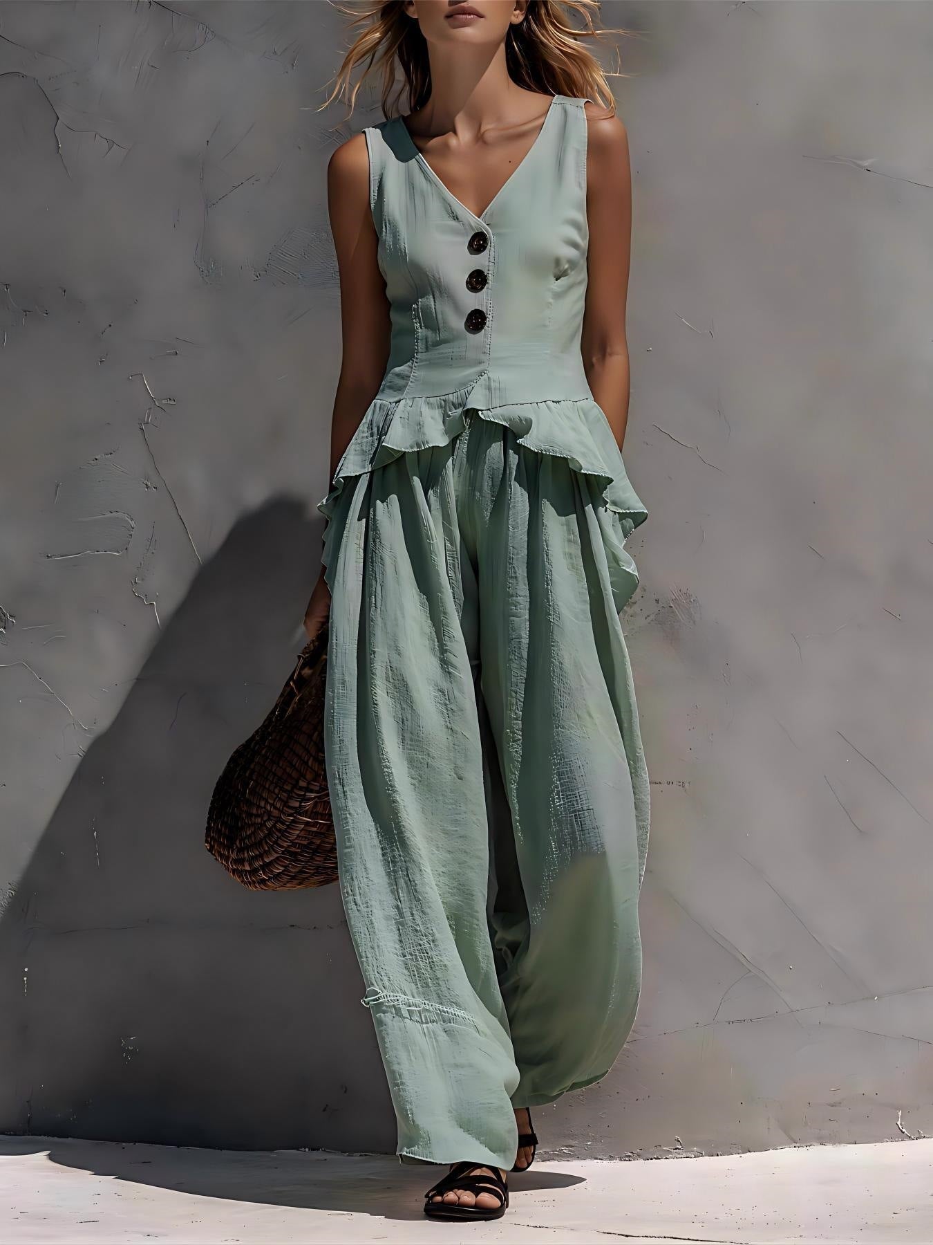 FitiqueFit ruffled tank top and draping wide-leg pants set in 6 colors, size S–3XL, casualwear outfit with stylish details.