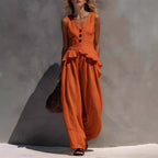 FitiqueFit casualwear set with ruffled tank top and draping wide-leg pants in 6 colors, available in sizes S to 3XL.