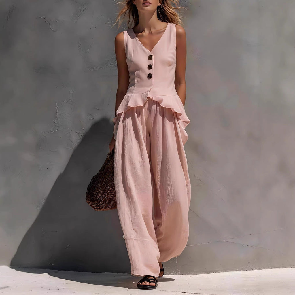 FitiqueFit casualwear set with ruffled tank top and draping wide-leg pants in 6 colors, available in sizes S to 3XL.