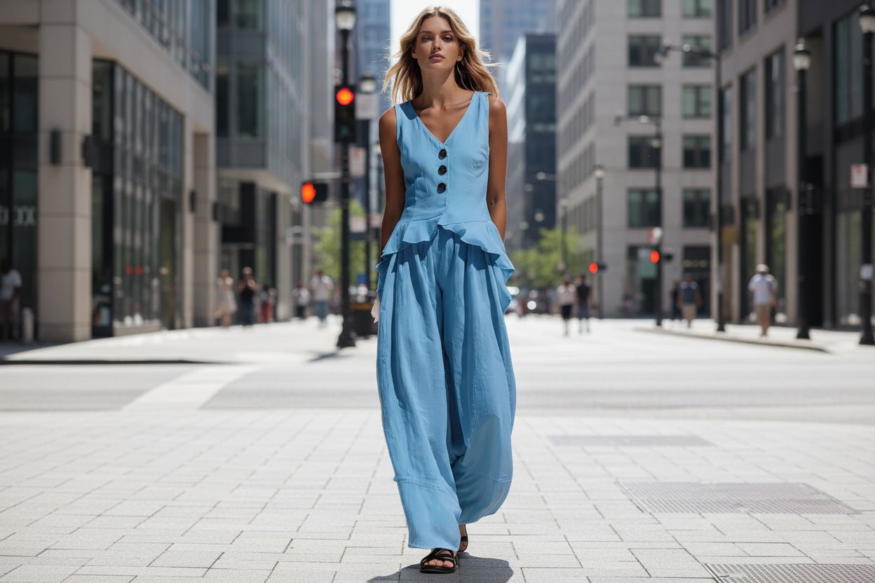 FitiqueFit ruffled tank top and draping wide-leg pants set in six colors, available in sizes S to 3XL, casualwear outfit.