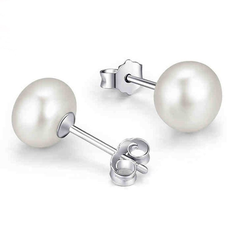 S925 sterling silver freshwater pearl ear studs, natural round pearls with needle-style setting, elegant jewelry for women