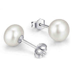 S925 sterling silver freshwater pearl ear studs, natural round pearls with needle-style setting, elegant jewelry for women