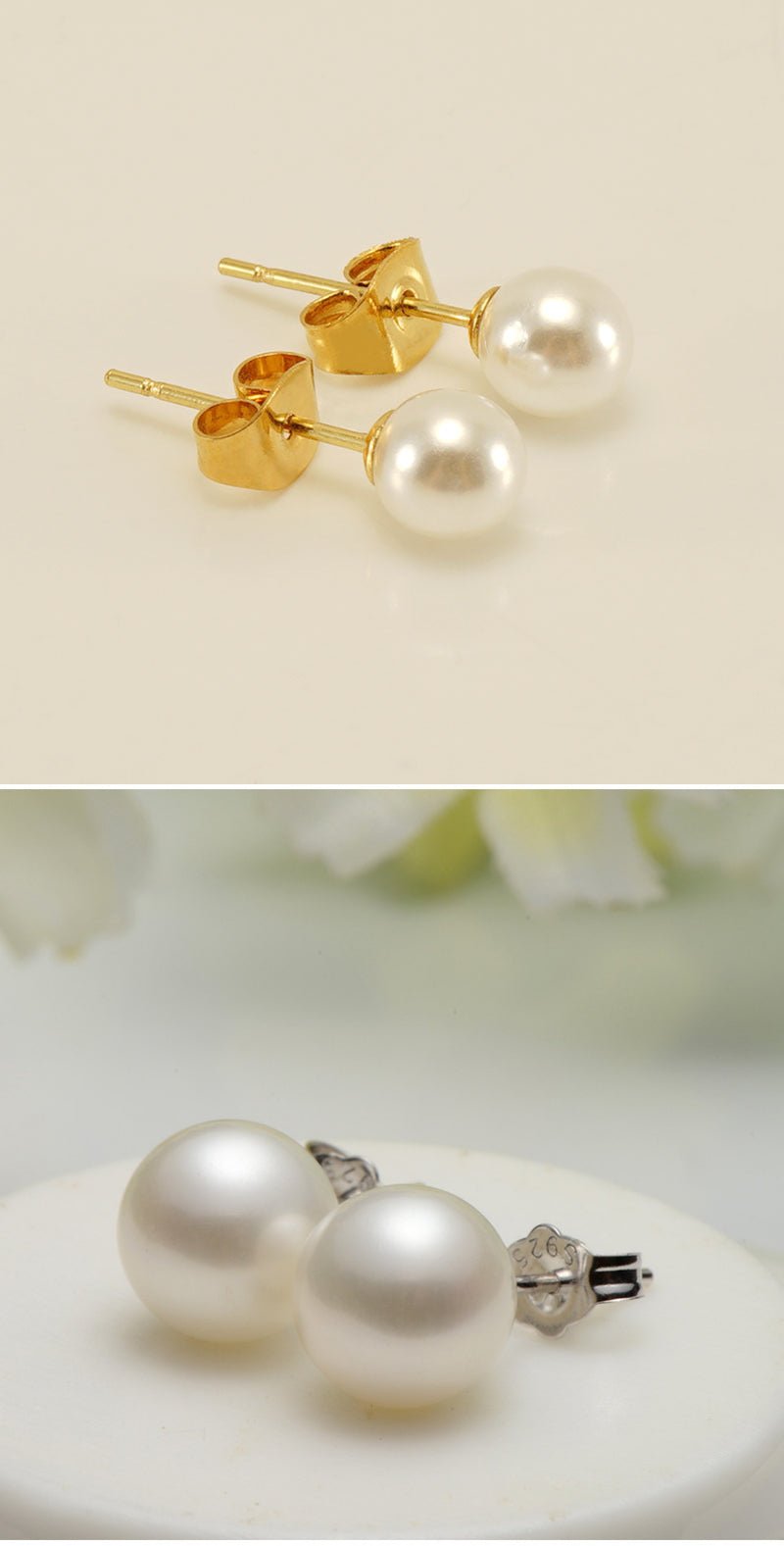 Sterling silver needle earrings with natural freshwater pearls, elegant ear studs for a sophisticated look.