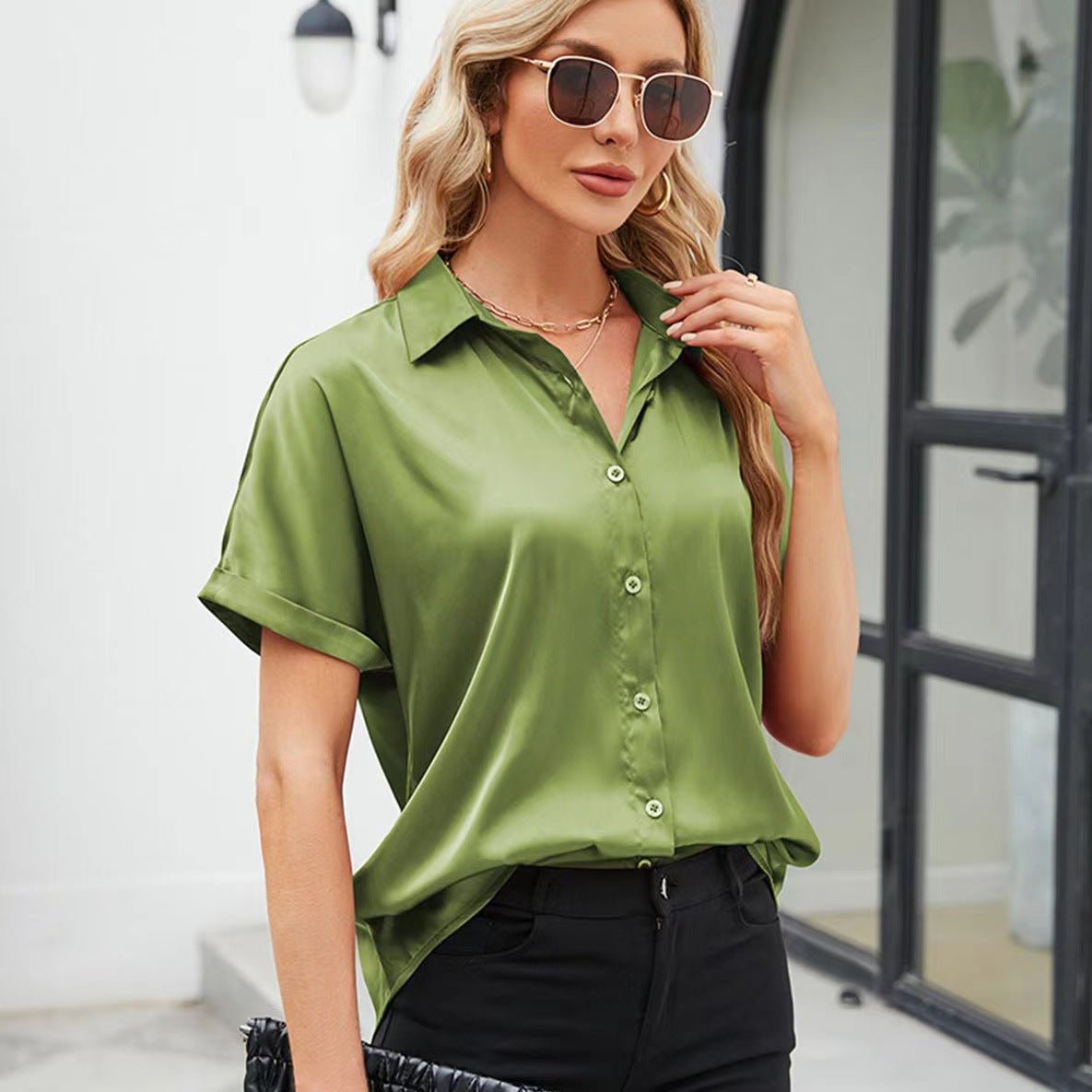 Short sleeve satin button-up shirt for women, casual loose fit top by Bella Mia, stylish satin blouse with relaxed fit.
