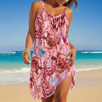 Knee-length bohemian beach dress by FitiqueFit with sea turtle print, sleeveless design, perfect for casual summer wear.