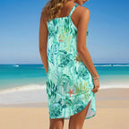Knee-length bohemian beach dress by FitiqueFit with sea turtle print, sleeveless design, perfect for casual summer wear.