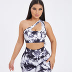 Seamless one-shoulder bra and scrunch high-waisted leggings set by FitiqueFit, perfect for activewear and yoga workouts.