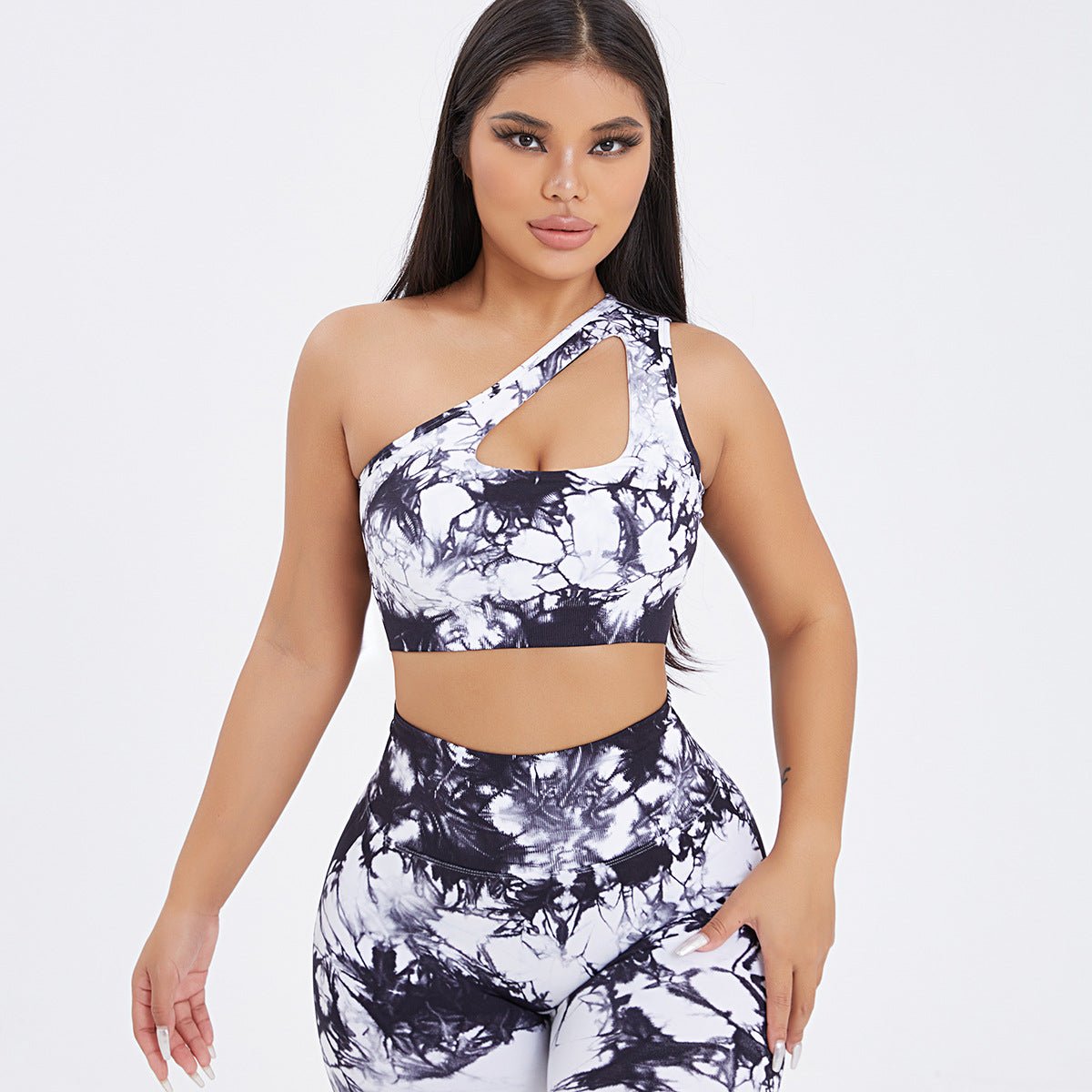 Seamless one-shoulder bra and scrunch high-waisted leggings set by FitiqueFit, perfect for activewear and yoga workouts.