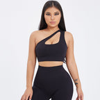 FitiqueFit seamless one-shoulder bra and scrunch high-waisted yoga leggings set, activewear for workout and yoga sessions.