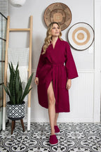 Lightweight Lotus Linen women's waffle robe with quick-dry spa comfort, featuring a soft, textured fabric and relaxed fit.