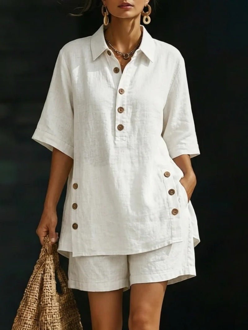 FitiqueFit casualwear short-sleeve shirt and loose pants two-piece set in four colors, available in sizes S to 5XL.