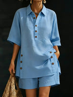 FitiqueFit casualwear short-sleeve shirt and loose pants two-piece set in four colors, available in sizes S–5XL.