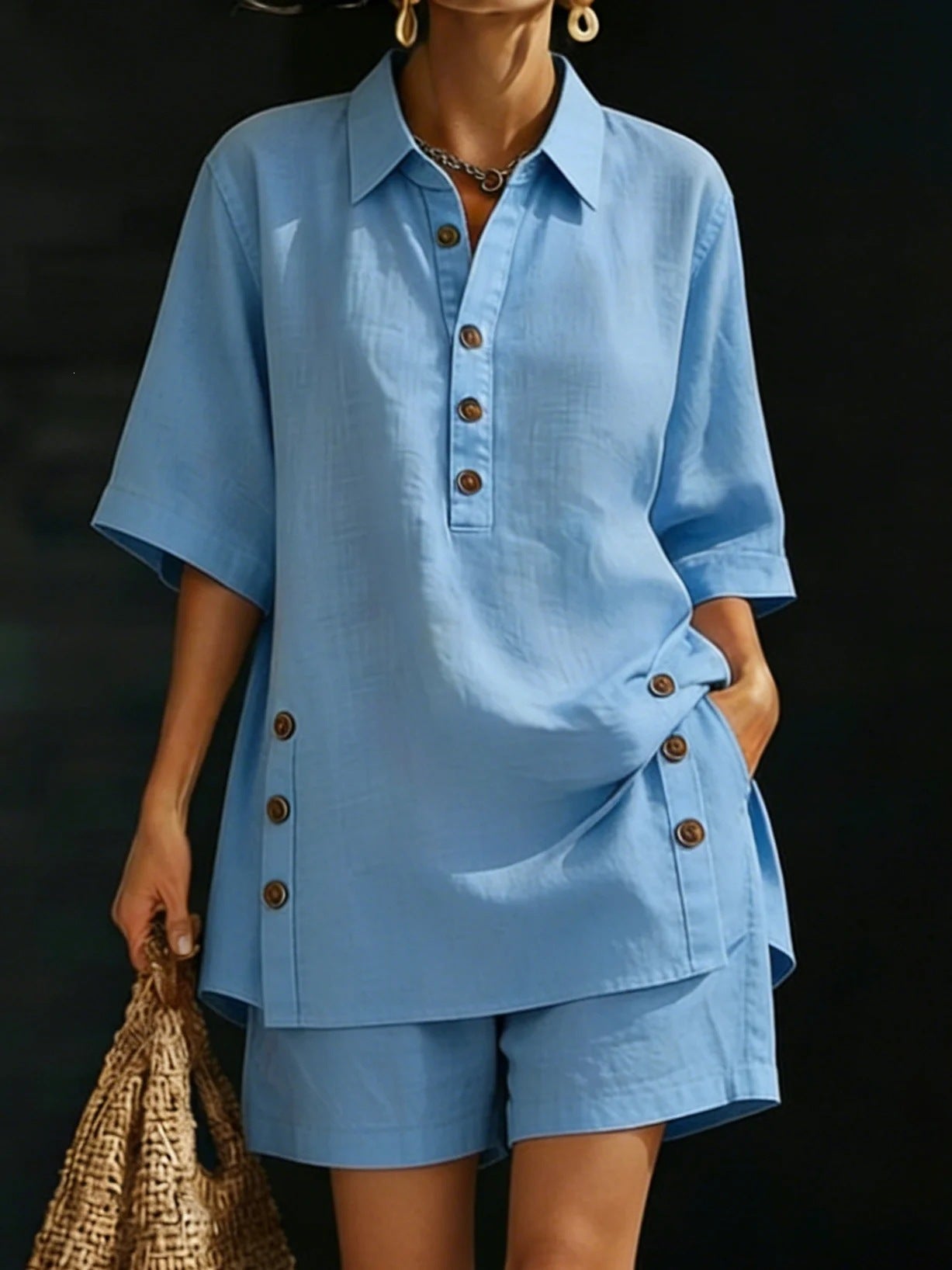 FitiqueFit casualwear short-sleeve shirt and loose pants two-piece set in four colors, available in sizes S–5XL.