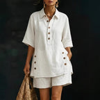 FitiqueFit casual two-piece set with short-sleeve shirt and loose pants in four colors, available in sizes S to 5XL.