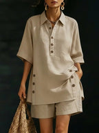 FitiqueFit casualwear two-piece set with short-sleeve shirt and loose pants in four colors, available in sizes S to 5XL.