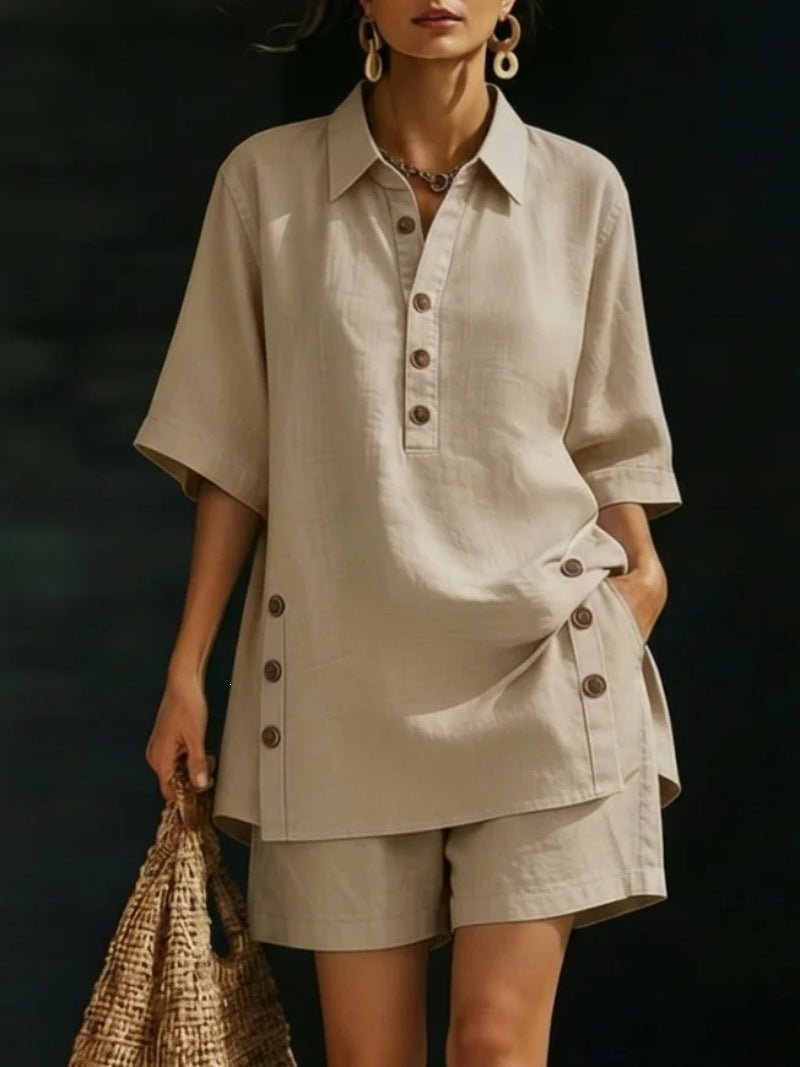 FitiqueFit casualwear two-piece set with short-sleeve shirt and loose pants in four colors, available in sizes S to 5XL.
