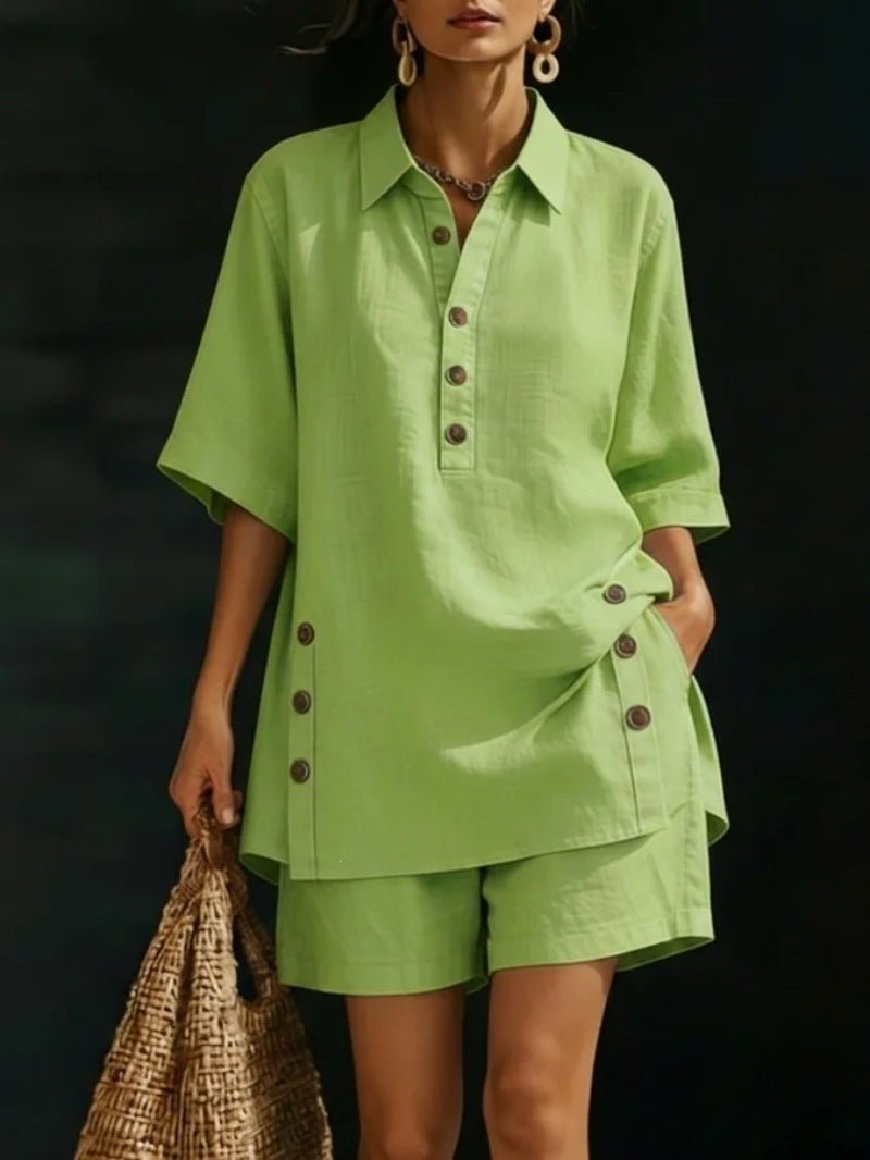 Casualwear FitiqueFit two-piece set with short-sleeve shirt and loose pants in four colors, available in sizes S to 5XL.