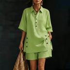 FitiqueFit casual two-piece set with short-sleeve shirt and loose pants in four colors, available in sizes S to 5XL.