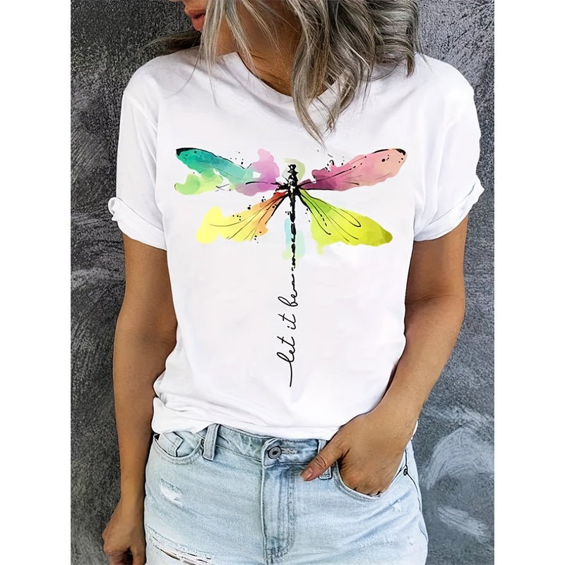 FitiqueFit short sleeve T-shirt with a colorful dragonfly pattern and round neck, perfect for casual wear.