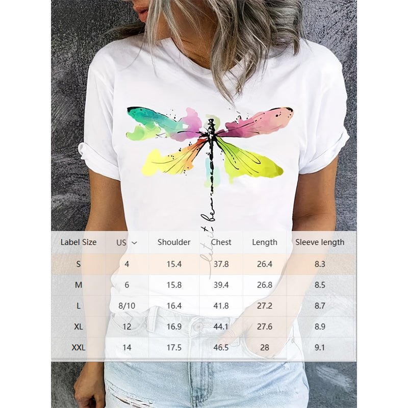 FitiqueFit short sleeve T-shirt with a colorful dragonfly pattern, casual round neck design, perfect for everyday wear.