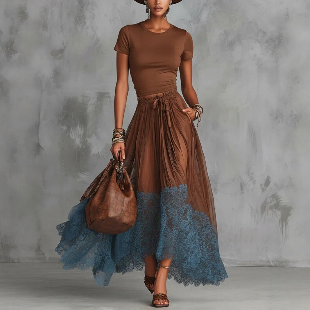 Casualwear set featuring a short-sleeve top and lace-panel midi skirt by FitiqueFit, styled together for a chic, relaxed look.