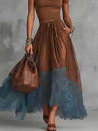 FitiqueFit short-sleeve top and lace-panel midi skirt set, casualwear ensemble with fitted top and elegant lace skirt.