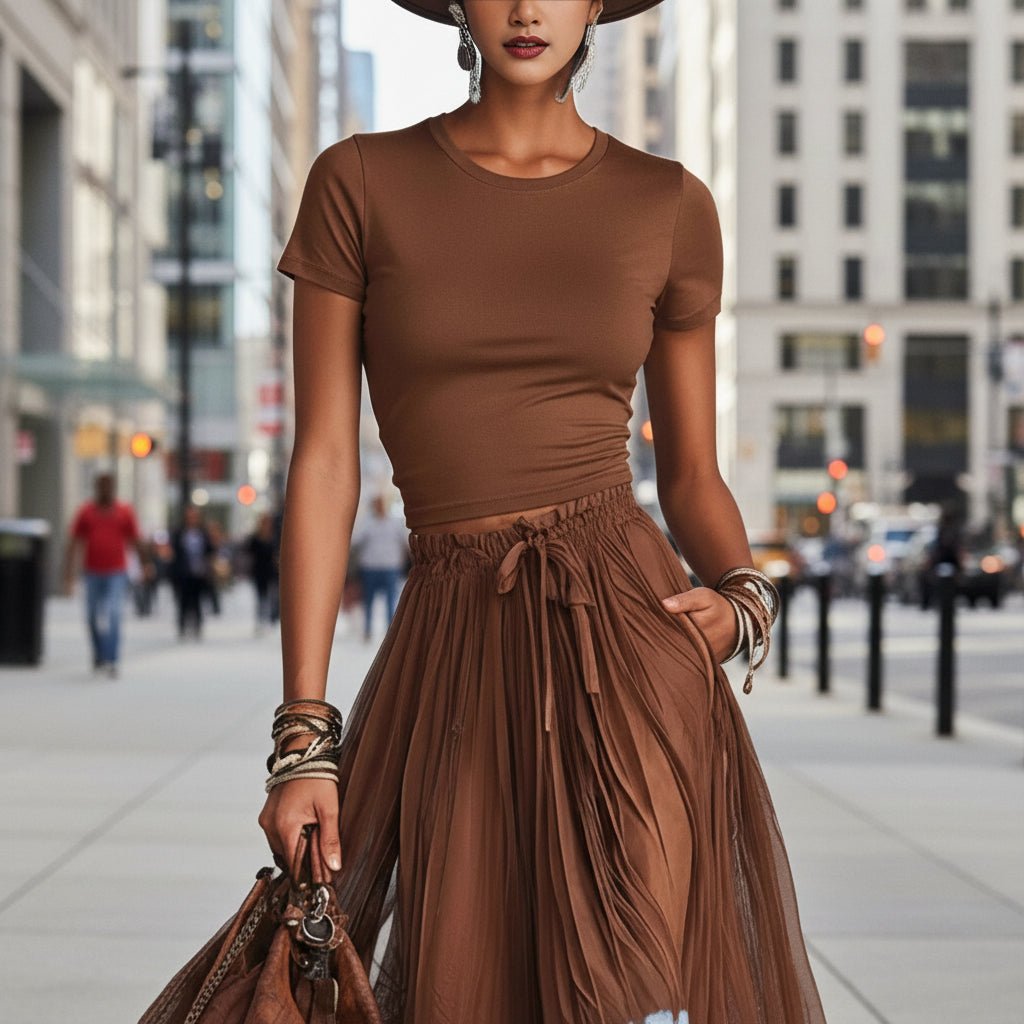 Casual FitiqueFit short-sleeve top and lace-panel midi skirt set, styled for a chic, comfortable look.
