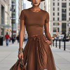 Casual FitiqueFit short-sleeve top and lace-panel midi skirt set, styled for a chic, comfortable look.