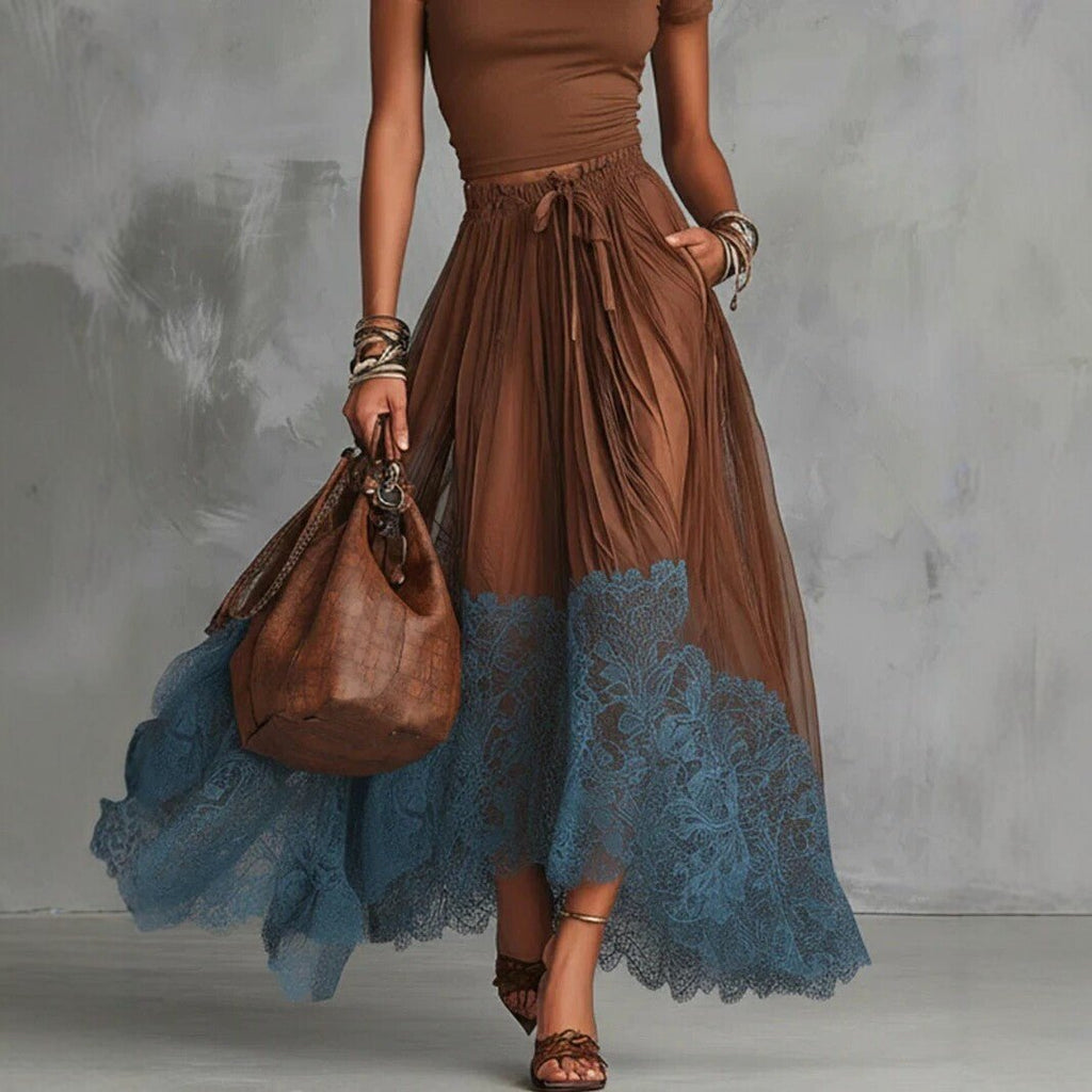 Casualwear FitiqueFit short-sleeve top with lace-panel midi skirt set, shown together in stylish, relaxed daytime outfit.
