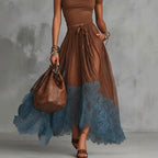 Casualwear FitiqueFit short-sleeve top with lace-panel midi skirt set, shown together in stylish, relaxed daytime outfit.