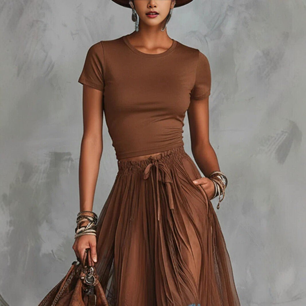 Casual FitiqueFit short-sleeve top with lace-panel midi skirt set, stylish and comfortable for everyday wear.