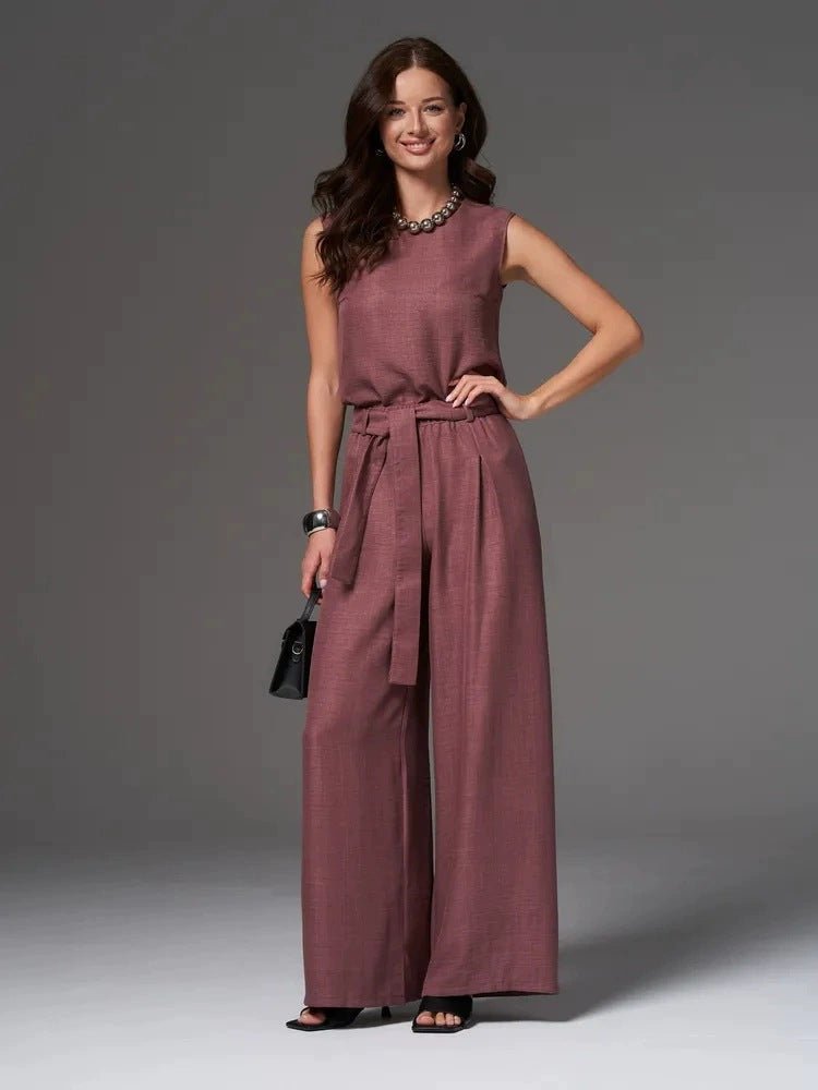 FitiqueFit sleeveless cotton-linen wide-leg pants set in four colors, casualwear for sizes S to 2XL, shown in natural fabric detail.