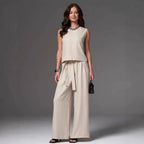Casual FitiqueFit sleeveless cotton-linen wide-leg pants set in four colors, available in sizes S to 2XL, shown on a model.