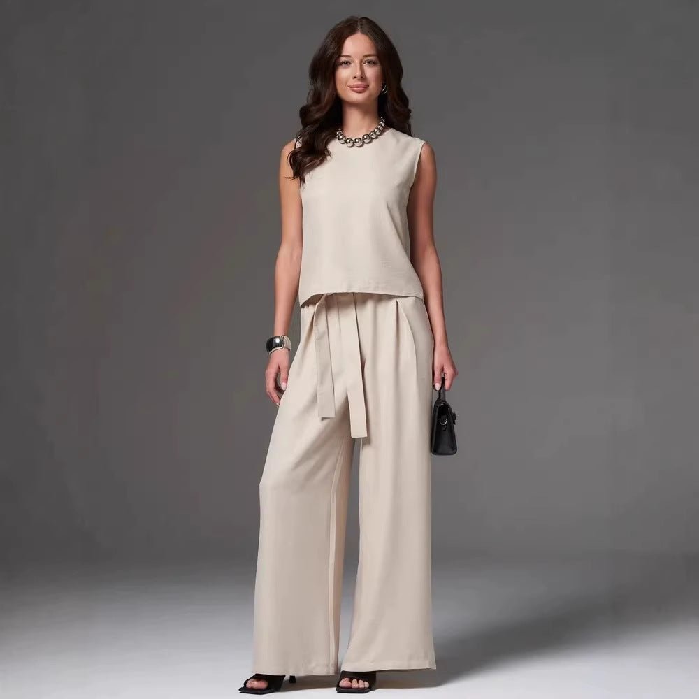 Casual FitiqueFit sleeveless cotton-linen wide-leg pants set in four colors, available in sizes S to 2XL, shown on a model.