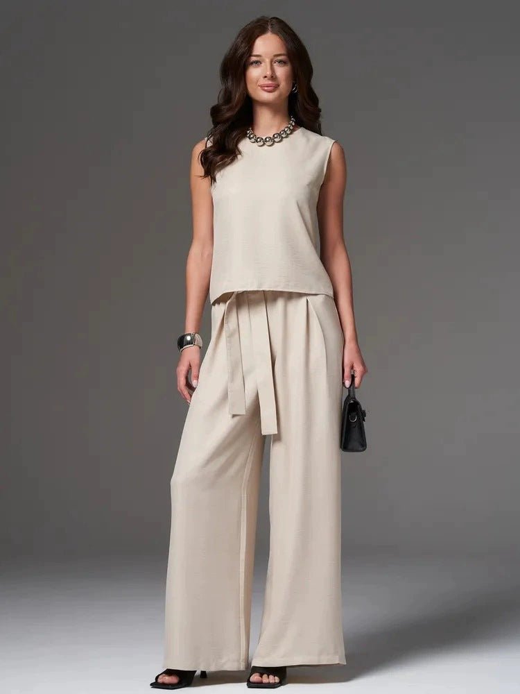 Casual FitiqueFit sleeveless cotton-linen wide-leg pants set in four colors, available in sizes S to 2XL, perfect for relaxed summer wear.