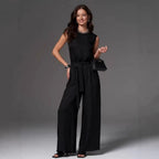 Casual FitiqueFit sleeveless cotton-linen wide-leg pants set in four colors, available in sizes S to 2XL, shown in the image.
