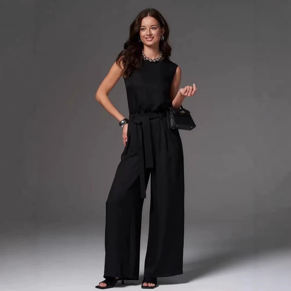 Casual FitiqueFit sleeveless cotton-linen wide-leg pants set in four colors, available in sizes S to 2XL, shown in the image.