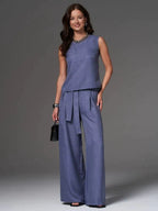 FitiqueFit sleeveless cotton-linen wide-leg pants set in four colors, casualwear with a relaxed fit for sizes S to 2XL.