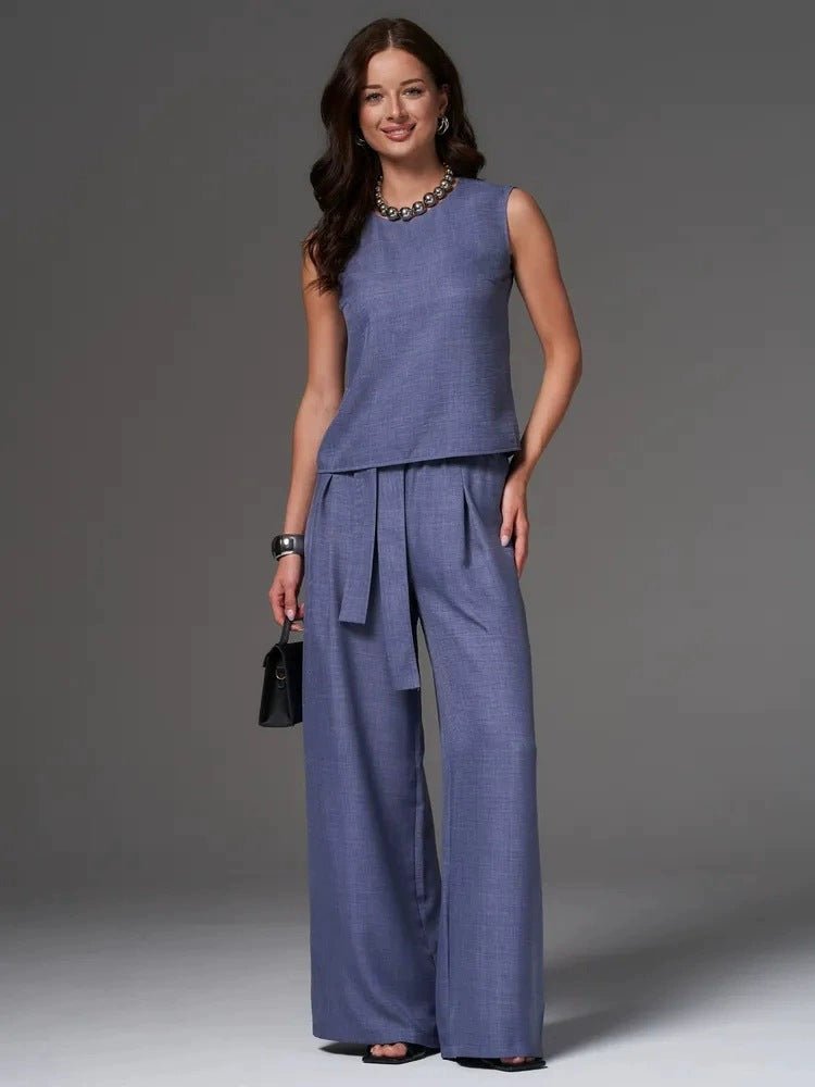 FitiqueFit sleeveless cotton-linen wide-leg pants set in four colors, casualwear with a relaxed fit for sizes S to 2XL.