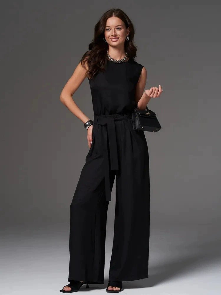 Casual FitiqueFit sleeveless cotton-linen wide-leg pants set in four colors, available in size S to 2XL, shown in natural fabric detail.