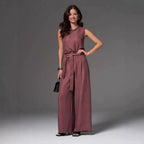 Sleeveless cotton-linen wide-leg pants set by FitiqueFit in four colors, available in sizes S to 2XL, casualwear style.