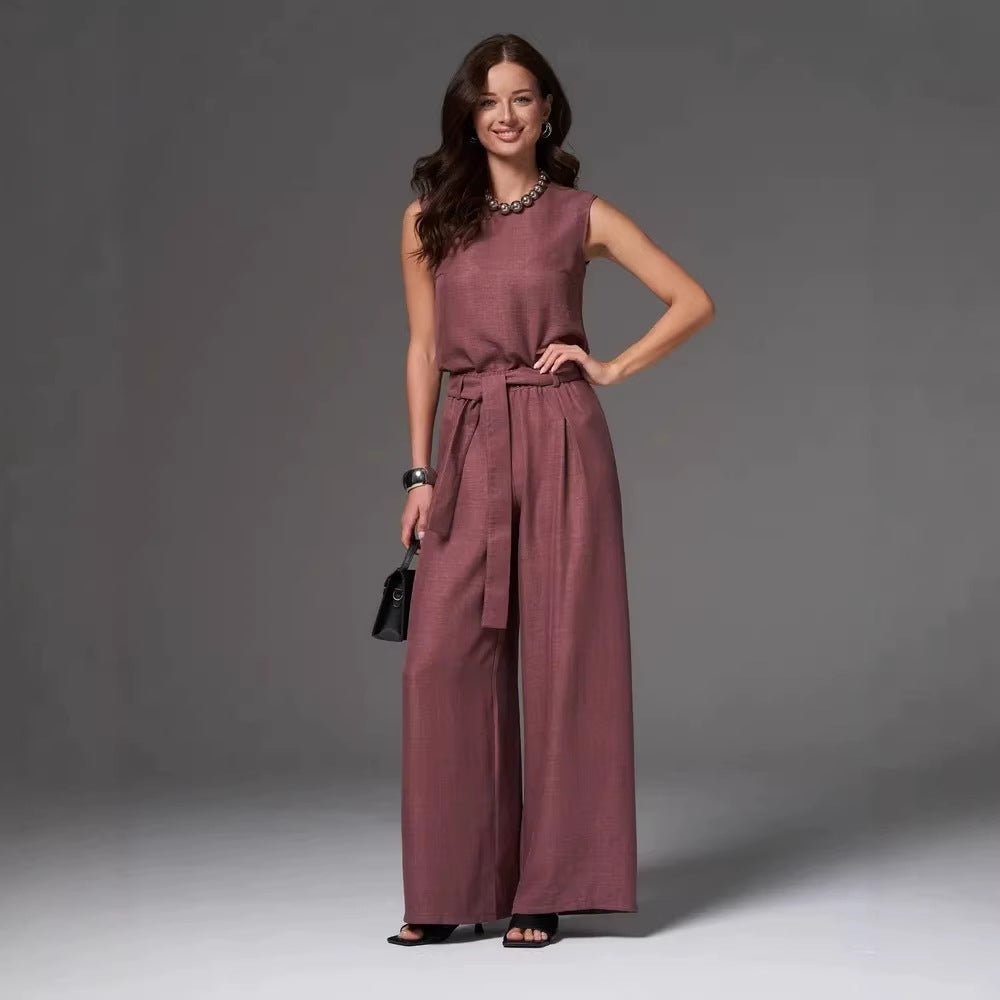 Sleeveless cotton-linen wide-leg pants set by FitiqueFit in four colors, available in sizes S to 2XL, casualwear style.